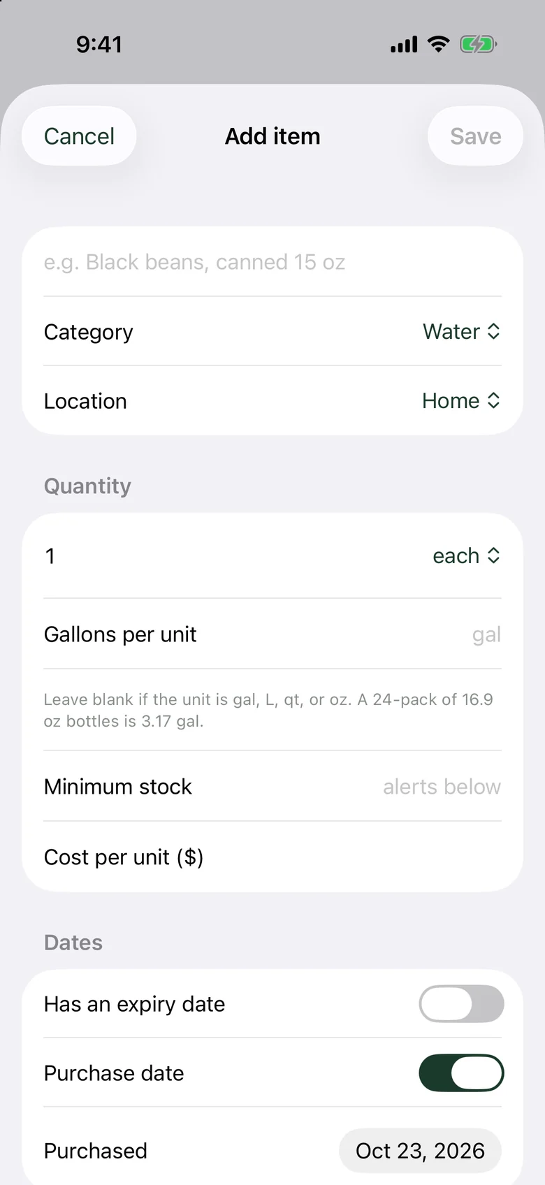 Add item form for water, with category, location, quantity, gallons per unit, expiry and cost.