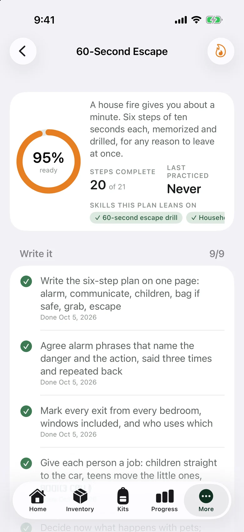 60-Second Escape plan with steps to write the plan, agree alarm phrases and mark every exit.
